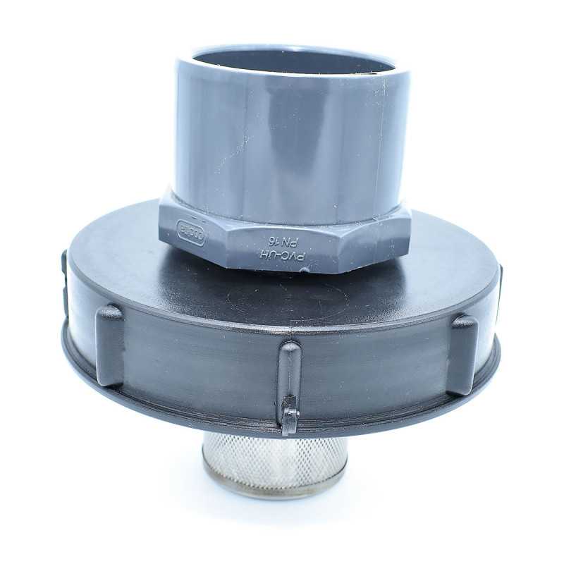 Tapa de 15cm para tanque de 1000L con entrada de PVC 75/90 y filtro de 2 pulgadas
