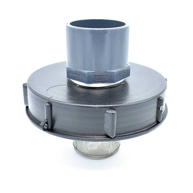 Tapa de 15cm para tanque de 1000L con entrada de PVC 63/75 y filtro de 2 pulgadas