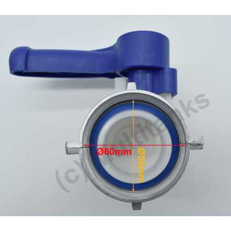 Butterfly valve with S60x6 aluminium floating nut for 1000-litre IBC tank