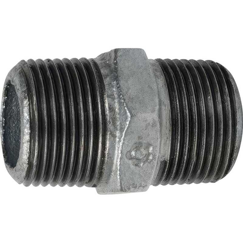 Male-male nipple made of galvanized malleable cast iron